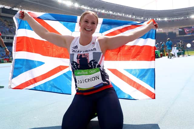 RIO DE JANEIRO, BRAZIL - AUGUST 15:  Sophie Hitchon of Great Britain celebrates placing third in the Women's Hammer Throw final on Day 10 of the Rio 2016 Olympic Games at the Olympic Stadium on August 15, 2016 in Rio de Janeiro, Brazil.  (Photo by Alexander Hassenstein/Getty Images)