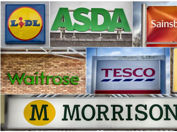 BRISTOL, ENGLAND - NOVEMBER 18:  In this composite image, the logos of the UK’s leading supermarkets (Left to right from top row) Lidl, Asda, Sainsbury’s (Middle row left to right) Waitrose, Tesco and Aldi and bottom row Morrisons (Photo by Matt Cardy/Getty Images)