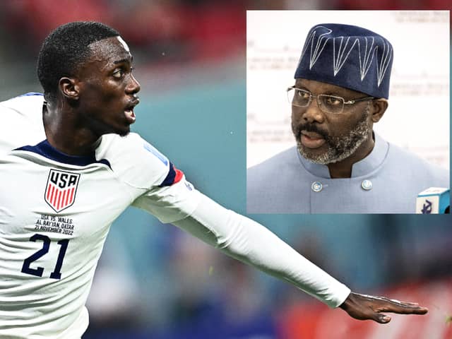 USA player, Timothy Weah and inset, former AC Milan and Chelsea striker and President of Liberia, George Weah. (Photos: Getty Images)