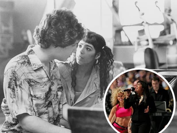 Bruno Martelli (Lee Curreri) tries to convince Coco Hernandez (Irene Cara) they should form a rock band, in a scene from 'Fame'. Inset: Irene Cara performs before the AFL Grand Final match in 2006