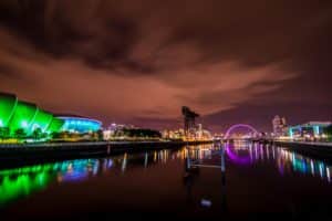 Glasgow from the magnificent University building, to the River Clyde sparkling in the night-time lightPhoto: Shutterstock