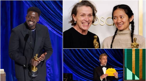 Daniel Kaluuya (left) won the Best Supporting Actor category; Chloé Zhao and Frances McDormand (top right) celebrate their wins for Nomadland; Brad Pitt announces the Best Supporting Actress winner (Photos: Getty Images)