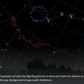 An artistic impression of what the Big Ring (shown in blue) and Giant Arc (shown in red) would look like in the sky. Background image credit: Stellarium.
