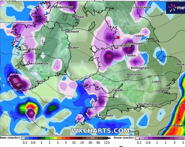 WX Chart showing snow (purple) in the North West on February 23, 2024.