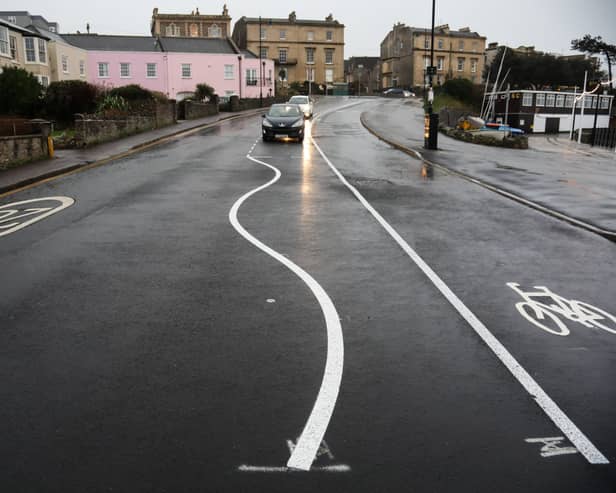 The wiggly road markings on the seafront in Clevedon, Somerset.