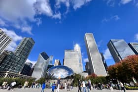 'The Bean' at Millennium Park, Chicago, with backdrop of the city