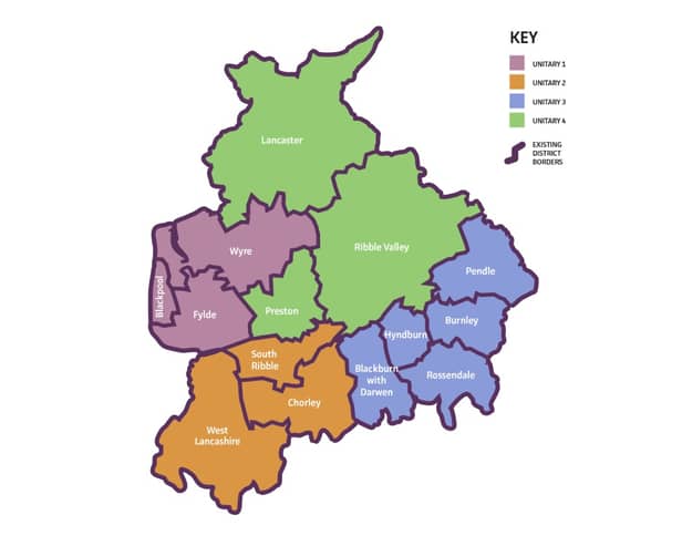 The new-look Lancashire council map as it was expected to be from April 2028
