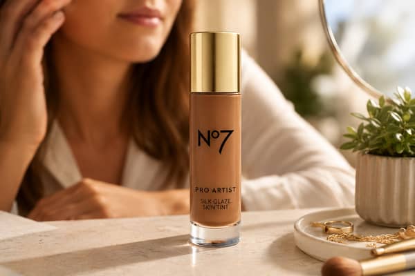 The new No7 Pro Artist Silk Glaze Skin Tint provides lightweight coverage with a natural-looking finish and is available in 12 shades.