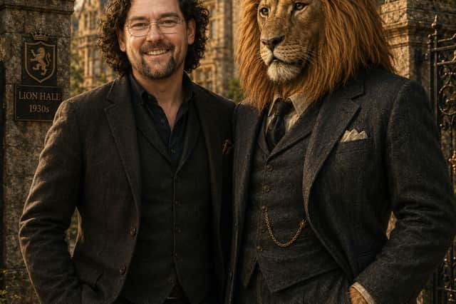 Simon Allan, left, featured alongside the main protagonist Colonel Russ from his series of novels 'The Lion Hall Mysteries'.