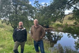Jack Spees (left) and Robert Sloss (right) viewing the completed works on the River Hodder