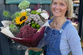 Joanna Marshall on the Mulberry & Daisy Floral Design stall at Clitheroe Market