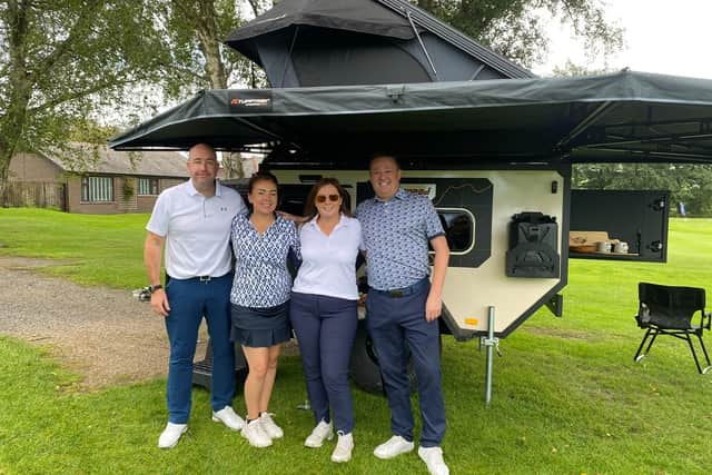 Winners of the James Alpe Ltd Golf Day for 2026 was a James Alpe team made up of two married couples, from left to right, Oliver Cross, Charlotte Wright, Natasha Cross and Paul Wright