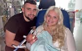 Paris Sutton with her partner Alfie and their baby Arabella who was born with the condition gastroschisis