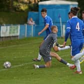 Luke Hepple scores Nelson's first goal against Ramsbottom United