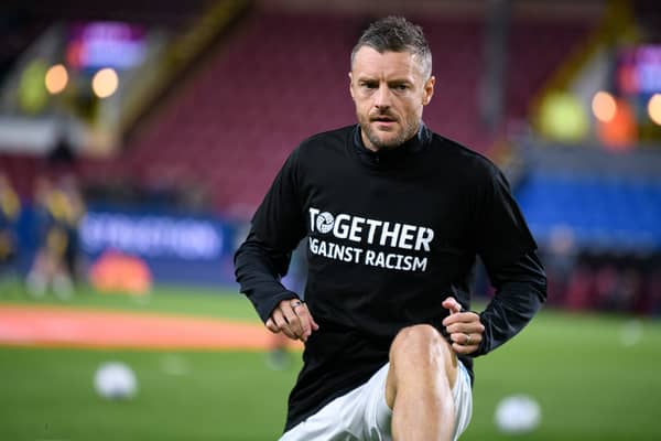 Jamie Vardy warms up before Burnley v Wolverhampton Wanderers at Turf Moor. Photo: Kelvin Lister-Stuttard