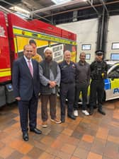 (L-R) Councillor Asjad Mahmood, Leader of Pendle Borough Council and Chair of Pendle Community Safety Partnership, Imam Afaq Khan; John McIvor from Lancashire Fire and Rescue Service; Faz Patel from Lancashire Fire and Rescue's Community Fire Service and PC Aric Halleron-Plance from Lancashire Police.