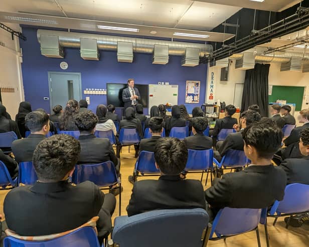 Oliver Ryan MP talking to pupils at Marsden Heights Community College