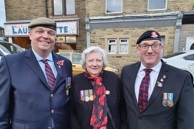 Royal British Legion members James Spence and Adrian Lilley with Lorna Soulsby at the Earby Remembrance parade