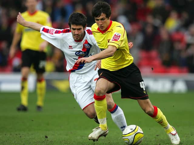 Midfielder Jack Cork in action for Watford in 2009 as he tries to fend off Crystal Palace's Danny Butterfield