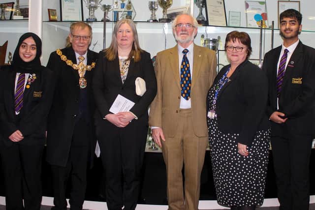 Pictured at the awards night (from left to right) are headgirl Laiba Ahmed, the Mayor and Mayoress, chairman of the governors Rev Ed Saville, headteacher Alyson Littlewood and headboy Suleman Aslam. (photo by Kamil Turecki)