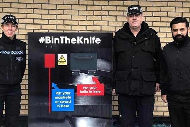 Pictured at the Croft Street knife bin are Supt Stasia Osiowy, knife crime lead Chief Inspector Steve Anderton and Shaban Talib who is neighbourhood co-ordinator at Calico