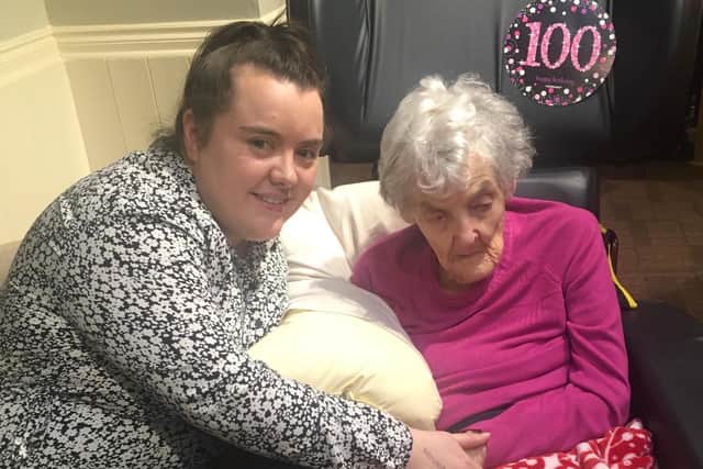 Laura Foulds with Mary Wilson, who turned 100 this week, at The Grove care home.