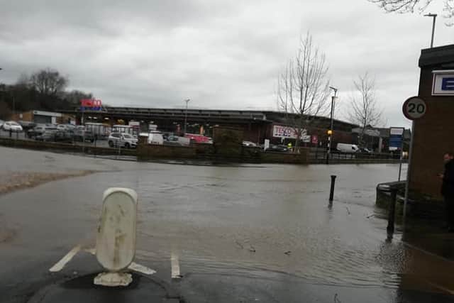 Flood water in Padiham town centre looking towards the Tesco store. (photo by Dianne Briggs)