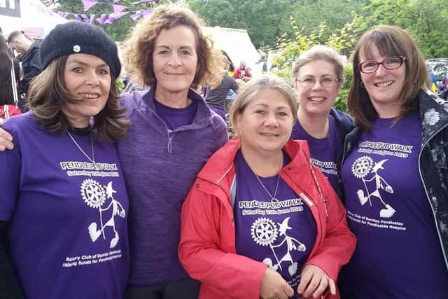 Morag (far left) on the Pendle Pub Walk last year with (from left to right) Joanne Boyle, Carol Biddulph, Julie Craig and Sharon Norman (front)