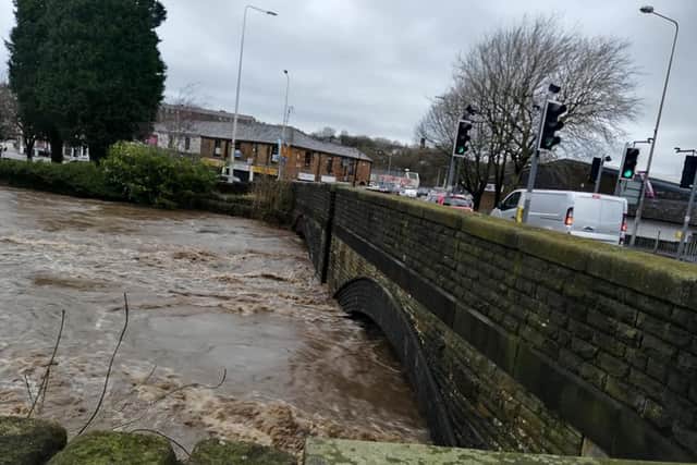 The River Calder at a dangerously high level in Padiham during last month's Storm Ciara which saw several shops in the town flooded.