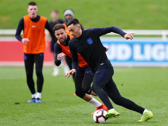 Dwight McNeil of England in action during an England training session during an England Media Access day at St Georges Park on March 19, 2019 in Burton-upon-Trent, England. (Photo by Matthew Lewis/Getty Images)