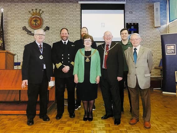 Royal Navy Commander Mark Hammon (second from left), Mayor of Burnley Coun. Anne Kelly and her consort, Mr John Kelly, with Probus members.
