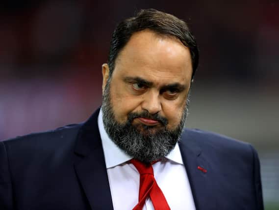 Evangelos Marinakis, Olympiacos and Nottingham Forest owner looks on prior to the UEFA Europa League round of 32 first leg match between Olympiacos FC and Arsenal FC at Karaiskakis Stadium on February 20, 2020 in Piraeus, Greece. (Photo by Richard Heathcote/Getty Images)