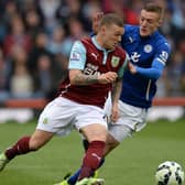 Kieran Trippier battles for the ball with Leicester City striker Jamie Vardy