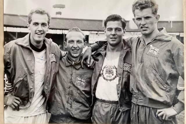 The 4x400m GB relay team of Adrian Metcalf, Malcolm Yardley, Barry Jackson and Robbie Brightwell at the White City in 1961