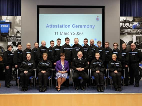The new recruits pictured with front row centre (l to r) Magistrate Judy Brucl JP and Chief Constable Andy Rhodes.