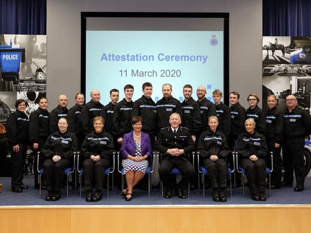 The new recruits pictured with front row centre (l to r) Magistrate Judy Brucl JP and Chief Constable Andy Rhodes.