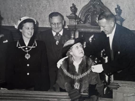 Mrs Isherwood (left) when she served as Mayoress of Burnley