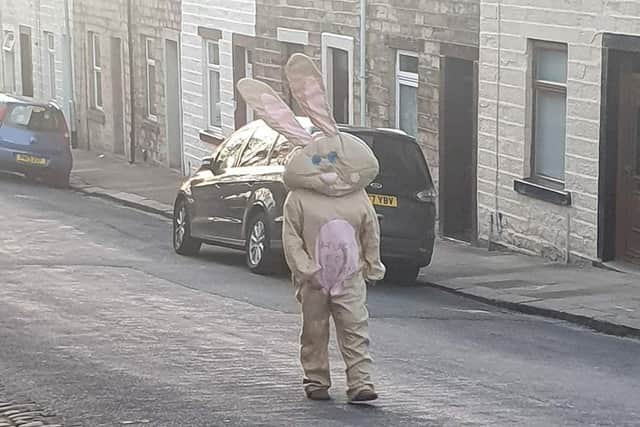 Huggsy bunny will be walking around the streets of Padiham every night over the Easter holidays to cheer up the town's children.