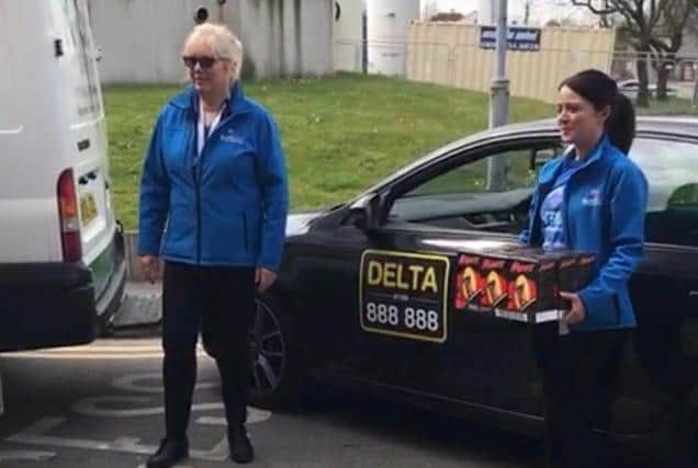The first delivery of Easter eggs for NHS staff arriving from Delta Taxis