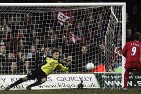 Marlon Beresford saves a penalty from Liverpool's Djibril Cisse while at Luton