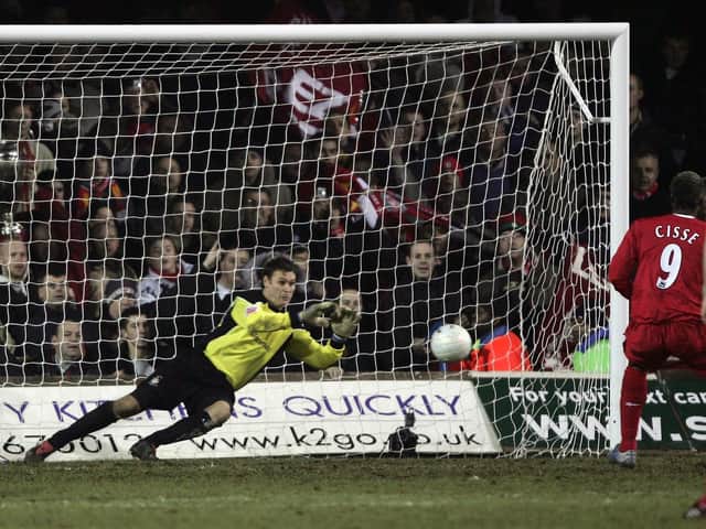 Marlon Beresford saves a penalty from Liverpool's Djibril Cisse while at Luton