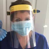 Former St Hildas RC High pupil Dr Jill Davies, wearing one of the visors made at Burnley's Blessed Trinity RC College. Dr Davies works for the GP Federation LPC in Blackburn with Darwen.