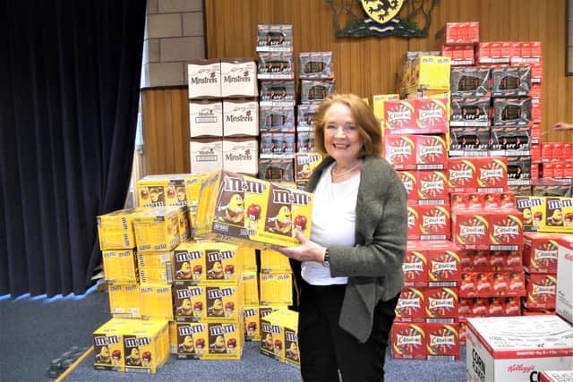 Ribble Valley Mayor Stella Brunskill with 2,000 free chocolate eggs.