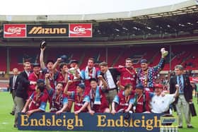 Burnley celebrate their Wembley win in 1994