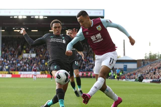 Burnley's Dwight McNeil up against Liverpool defender Trent Alexander-Arnold at Turf Moor