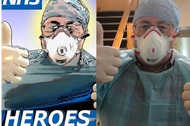 Dr. Mark Turner - as captured by artist Gordon Cheung and in reality - all set for a shift (painting courtesy of Gordon Cheung)