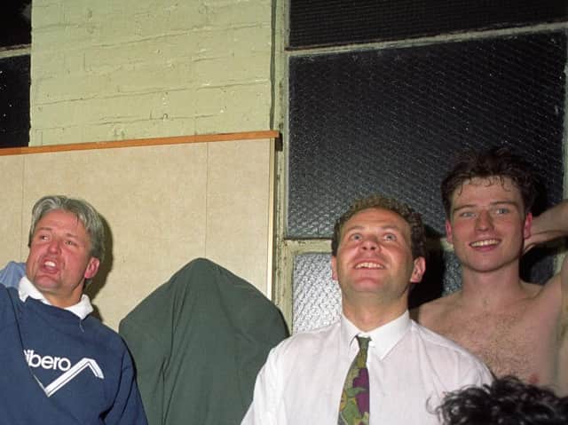 Jimmy Mullen, Wayne Dowell and Steve Davis in the dressing room at York in 1992