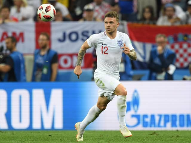 England's defender Kieran Trippier runs with the ball during the Russia 2018 World Cup semi-final football match between Croatia and England at the Luzhniki Stadium in Moscow on July 11, 2018. (Photo by Kirill KUDRYAVTSEV / AFP)
