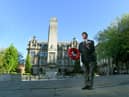 Ex-Army veteran Michael Nutter salutes the War Memorial and lays a wreath in preparation for the 11am two minutes silence to mark VE Day 75th anniversary