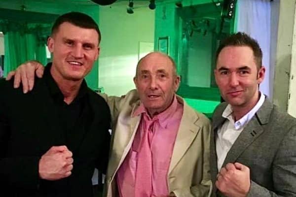 Burt Myers, centre, with Salute Fitness coach Colin McCash and boxing promoter Kevin Maree